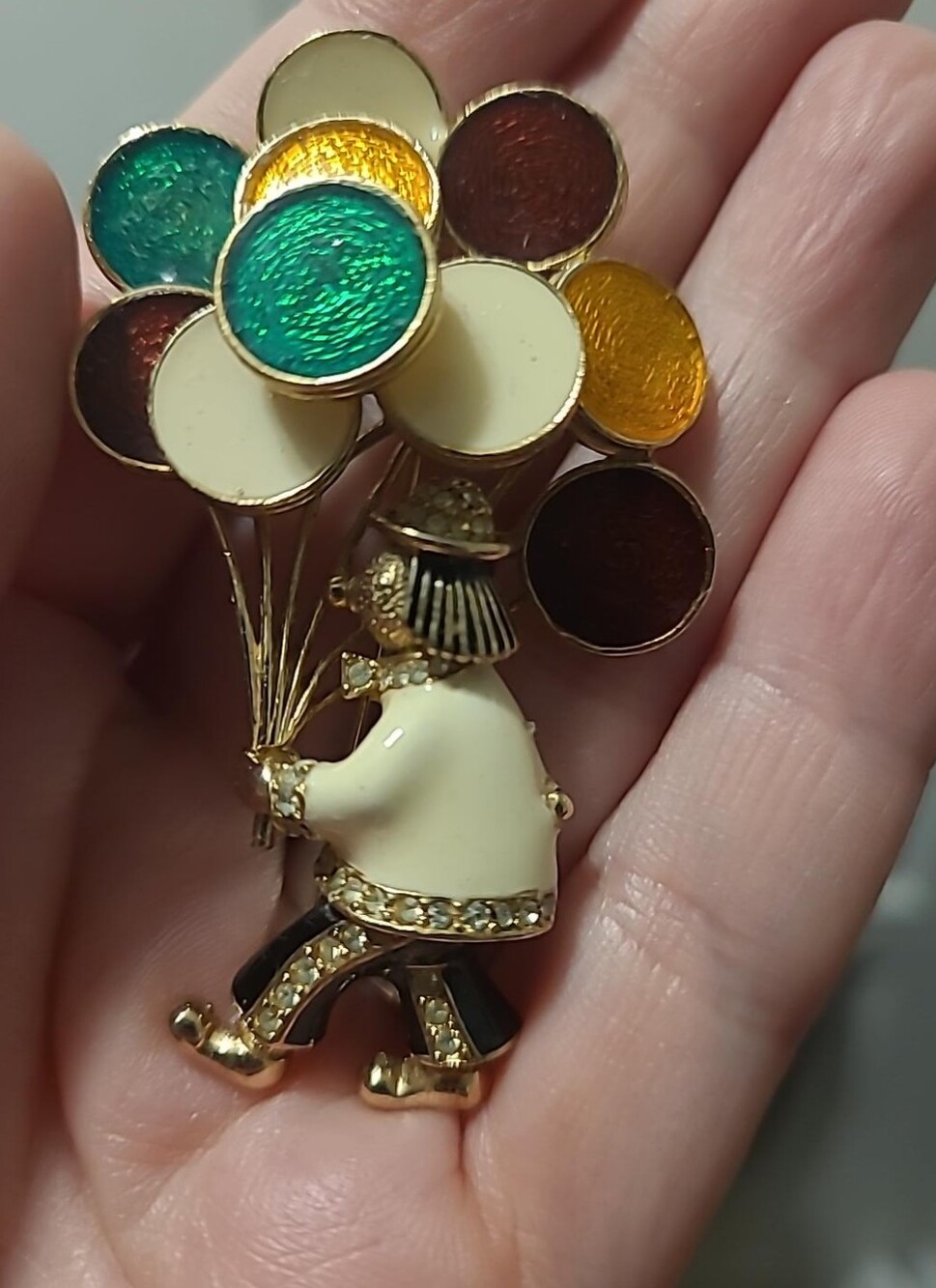 Vintage Signed CINER Balloon Man Figural Brooch Enamel Rhinestone
